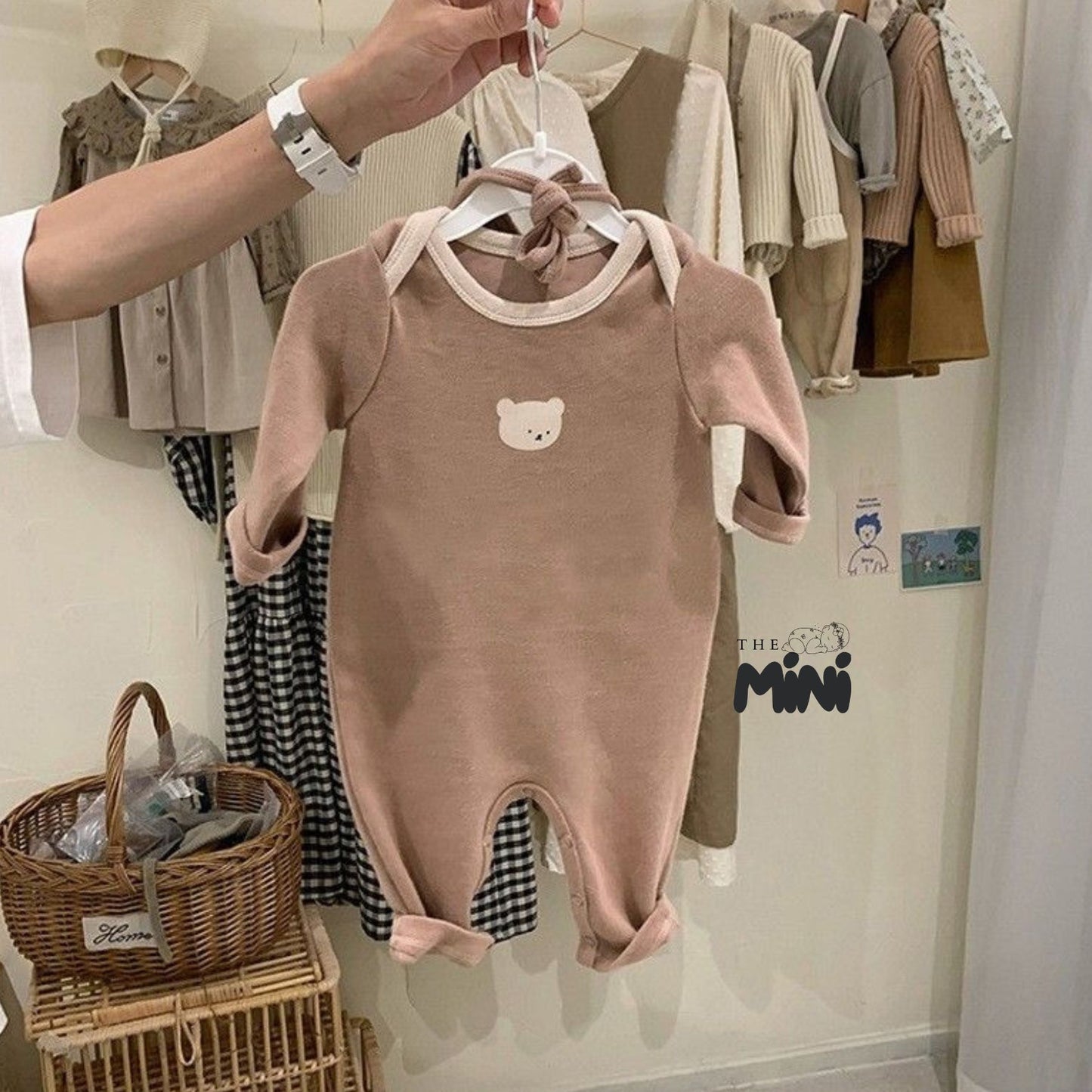 Set gấu iu - 2 món bodysuit tay dài kèm nón - M011B