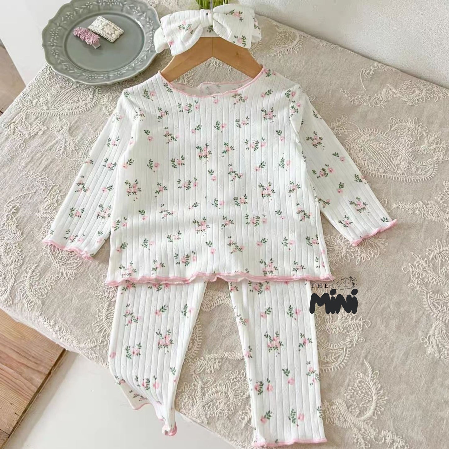 Set Pajama cho bé gái - set 3 món áo quần tách rời + kèm nơ - P004