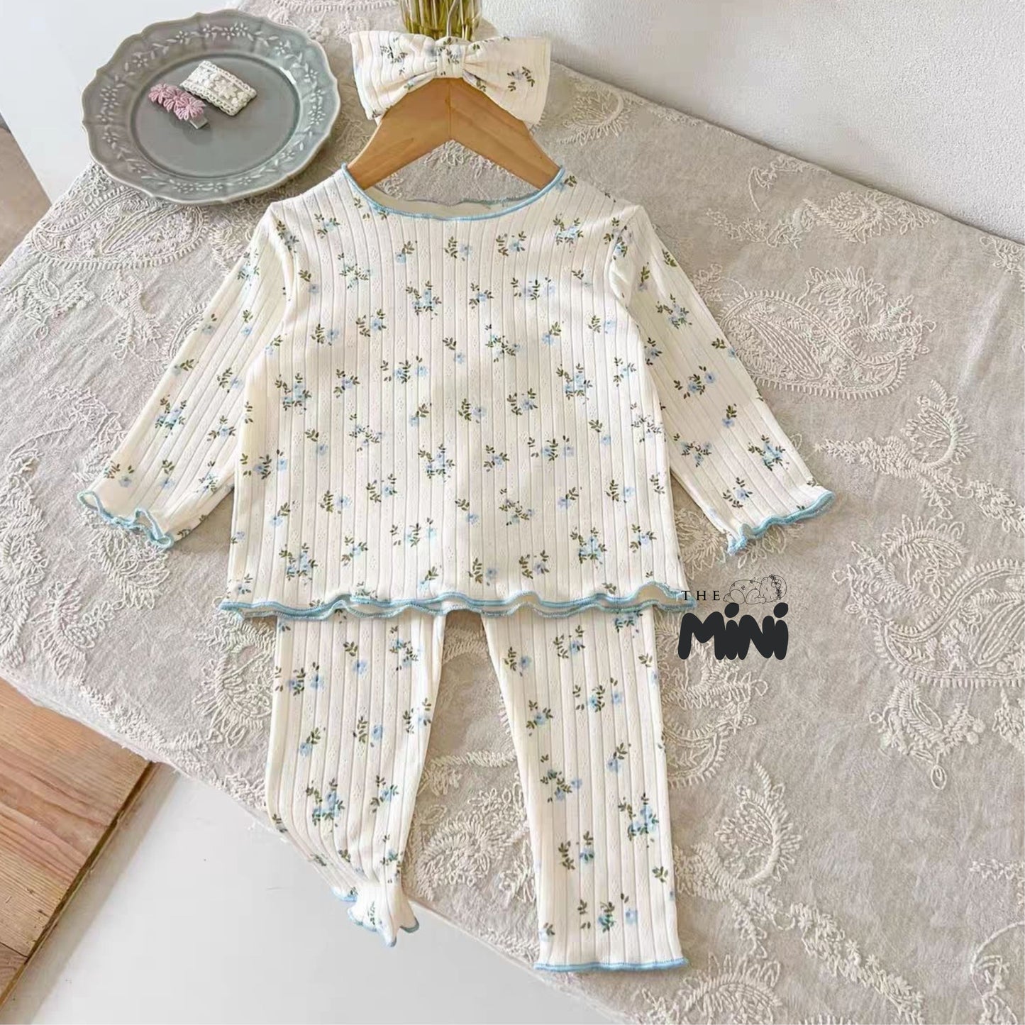 Set Pajama cho bé gái - set 3 món áo quần tách rời + kèm nơ - P004