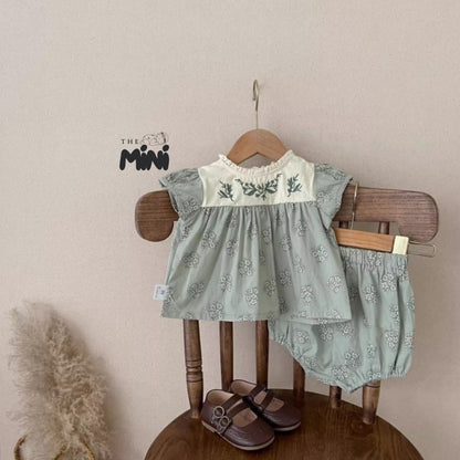 Set váy hoa nhí style Hàn - set 2 món áo quần tách rời - Xanh Trắng - A084