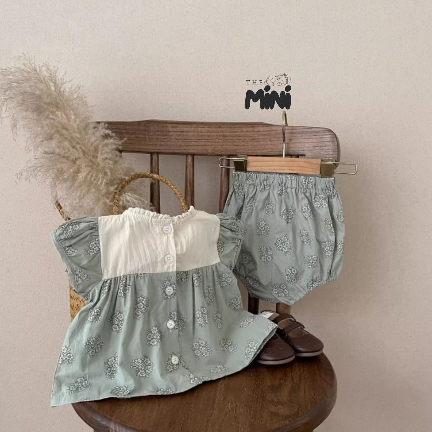Set váy hoa nhí style Hàn - set 2 món áo quần tách rời - Xanh Trắng - A084