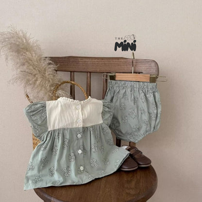Set váy hoa nhí style Hàn - set 2 món áo quần tách rời - Xanh Trắng - A084