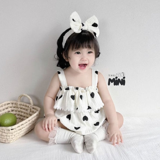 Bodysuit tim style Korea - Set 2 món kèm nơ - Trắng - A081