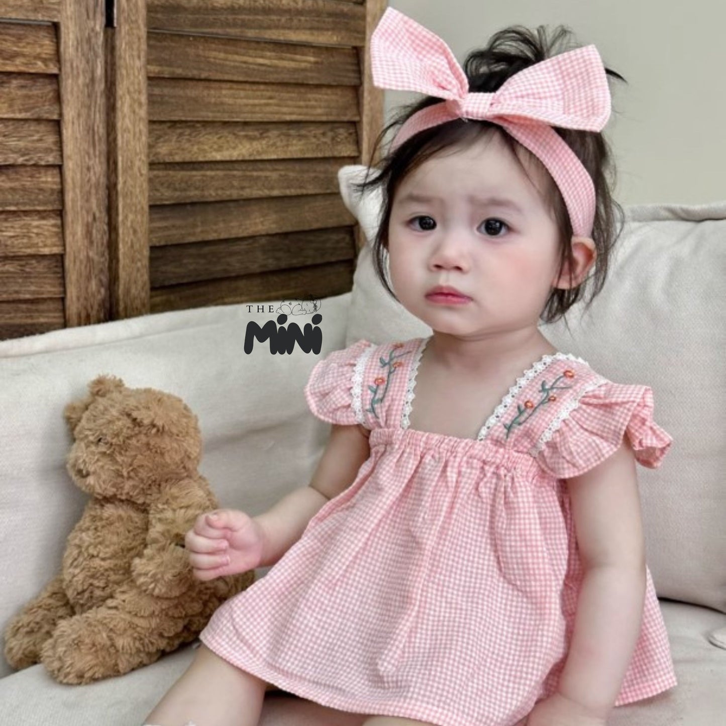 Bodysuit váy sọc Baby pink - Set 3 món ào & quần kèm nơ - A059B