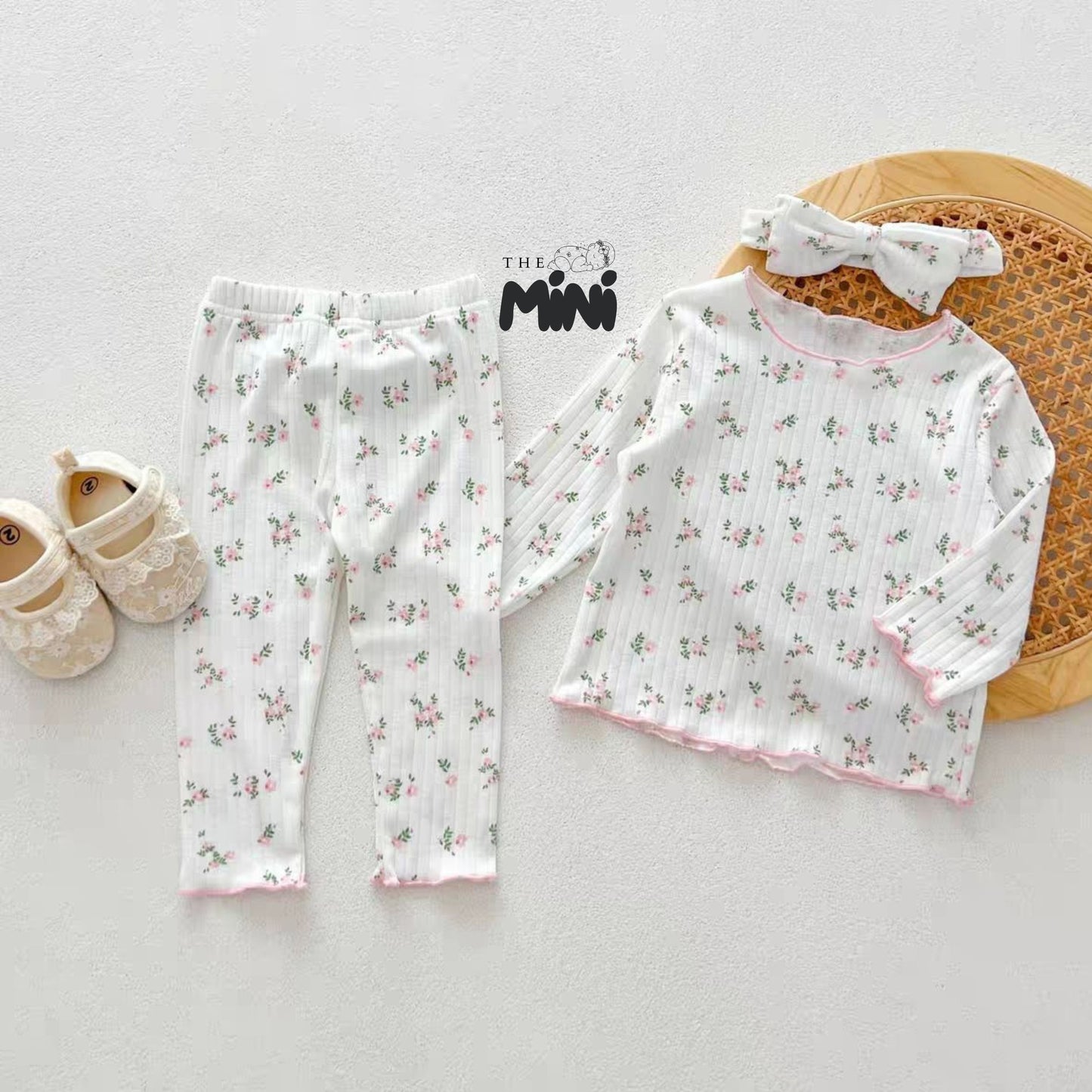 Set Pajama cho bé gái - set 3 món áo quần tách rời + kèm nơ - P004
