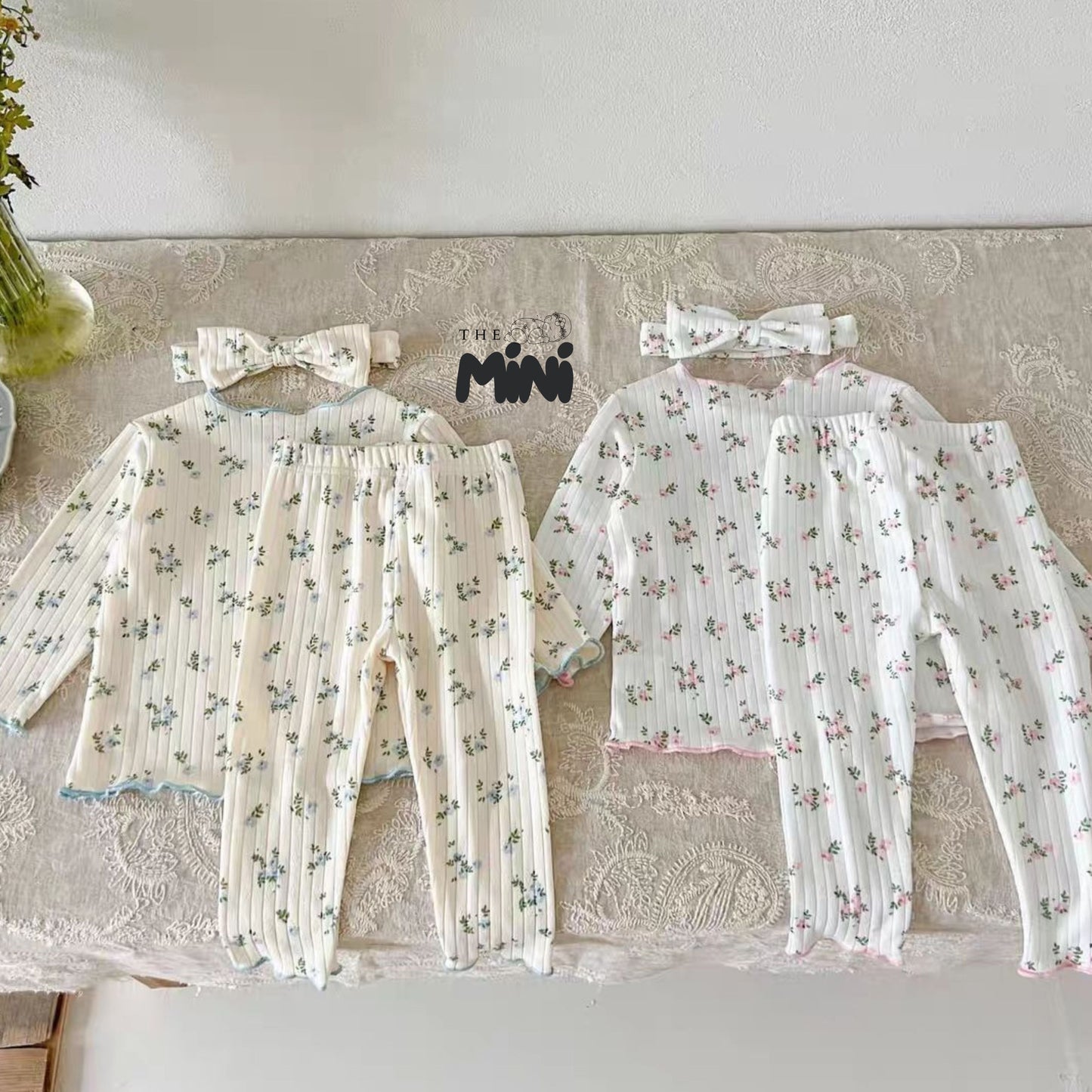 Set Pajama cho bé gái - set 3 món áo quần tách rời + kèm nơ - P004