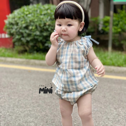 Set váy caro style Hàn - Set 2 món áo kèm quần - 2 màu sọc Xanh Dương và sọc Cam - A090