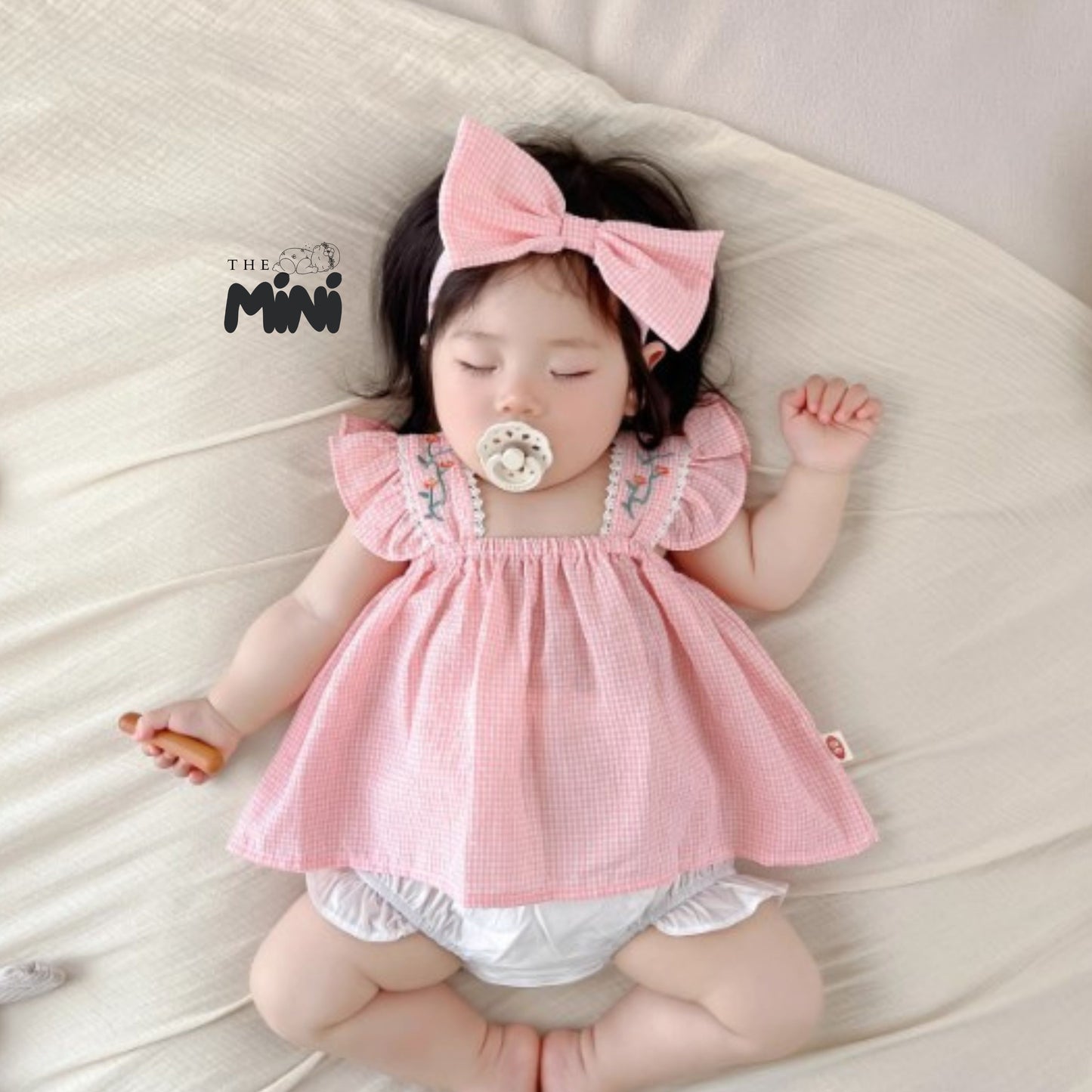 Bodysuit váy sọc Baby pink - Set 3 món ào & quần kèm nơ - A059B