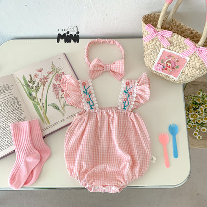 Bodysuit váy sọc Baby pink - Set 2 món bodysuit kèm nơ - A059A