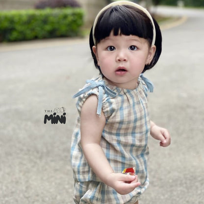 Set váy caro style Hàn - Set 2 món áo kèm quần - 2 màu sọc Xanh Dương và sọc Cam - A090