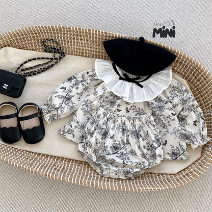 Set áo váy hoa nhí style Hàn - Trắng Đen - Set 2 món áo kèm quần - A077