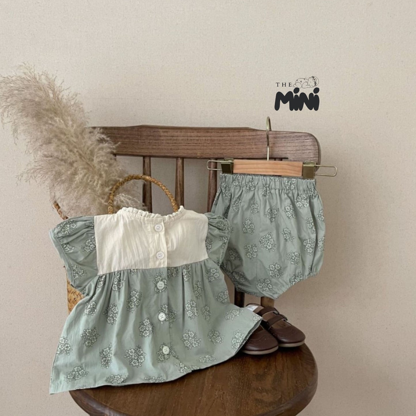 Set váy hoa nhí style Hàn - set 2 món áo quần tách rời - Xanh Trắng - A084