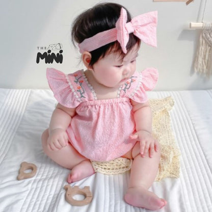 Bodysuit váy sọc Baby pink - Set 2 món bodysuit kèm nơ - A059A